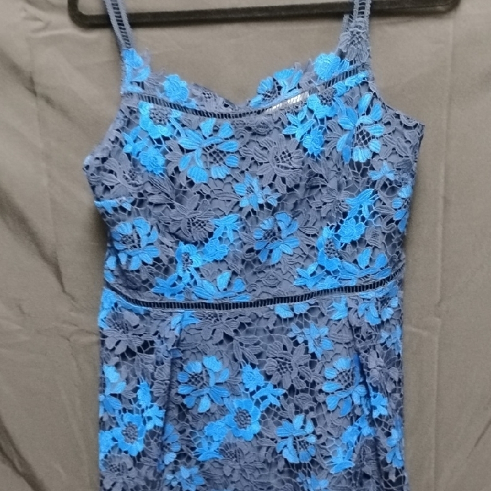 Tahari Blue Floral Lace Spaghetti-Strap Dress - Picture 9 of 15